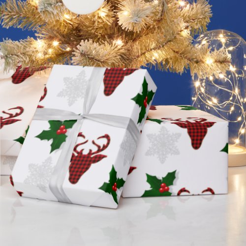 Rustic Red Buffalo Plaid Deer Snowflake and Holly  Wrapping Paper