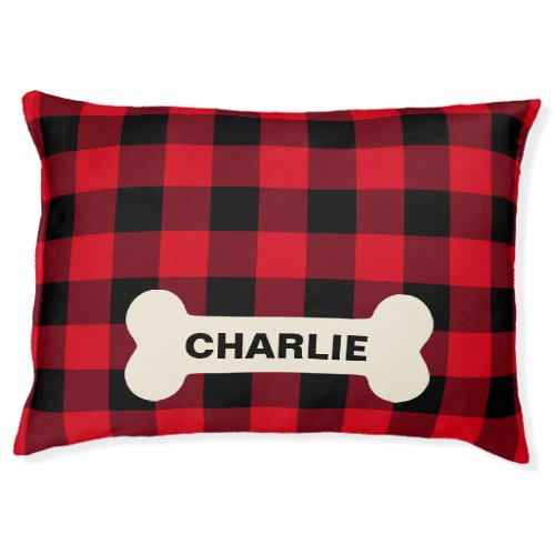 Rustic Red Buffalo Plaid Dog Bone Add Name Large Pet Bed