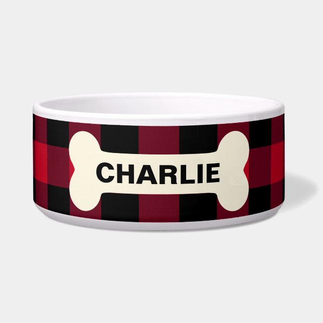 Rustic Red Buffalo Plaid Dog Bone Custom Name Pet Bowl (Front)