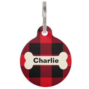 Rustic Red Buffalo Plaid Dog Bone Custom Name Pet ID Tag