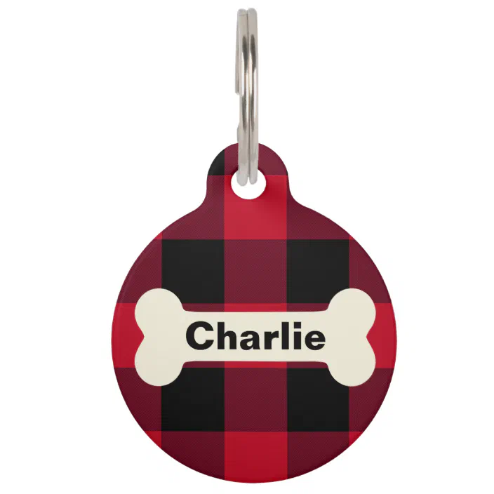 Buffalo Plaid Red and Black Dog Tag Personalized Dog Tag for Pet Custom Cat Tag Christmas Double Sided Dog Tag Plaid Pet Tag