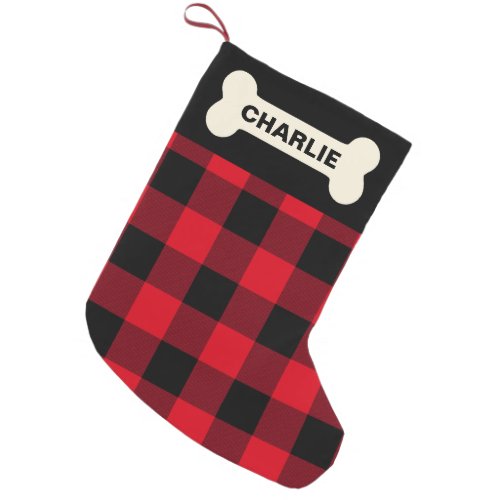 Rustic Red Buffalo Plaid Dog Bone Custom Name Small Christmas Stocking