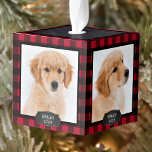 Rustic Red Buffalo Plaid Dog Puppy 4 Pet Photo Cube Ornament<br><div class="desc">Decorate your tree or send a special gift with this super cute personalized custom pet photo holiday ornament. This pet christmas ornament features rustic red buffalo plaid flannel, chalkboard name tags and chalkboard top, 4 of your favorite photos. Add your dog's photo and personalize with name and year. Ornament is...</div>