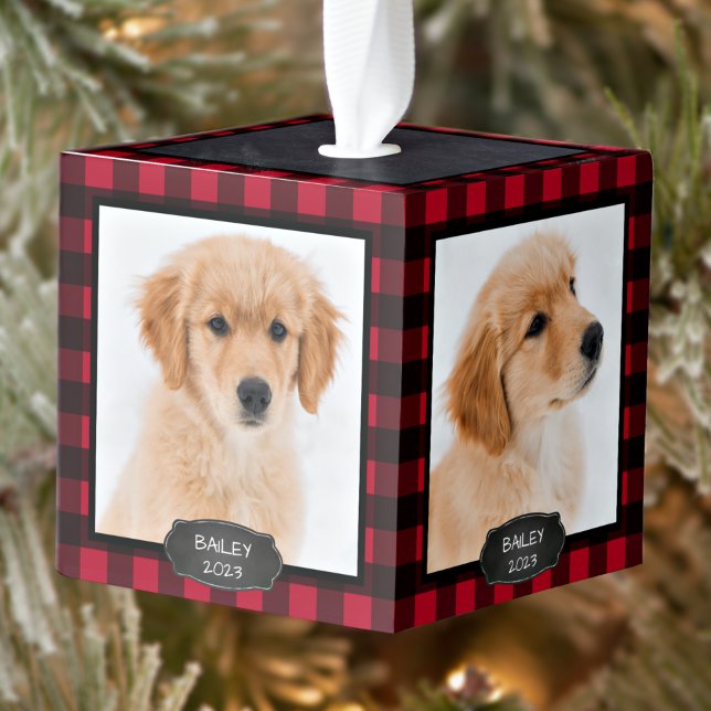 Rustic Red Buffalo Plaid Dog Puppy 4 Pet Photo Cube Ornament (Creator Uploaded)