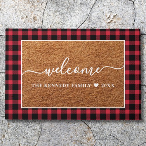 Rustic Red Buffalo Plaid Family Name Coir Welcome  Doormat