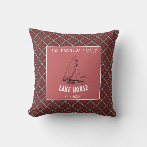 Rustic Red Buffalo Plaid Family Name Lake House Outdoor Pillow