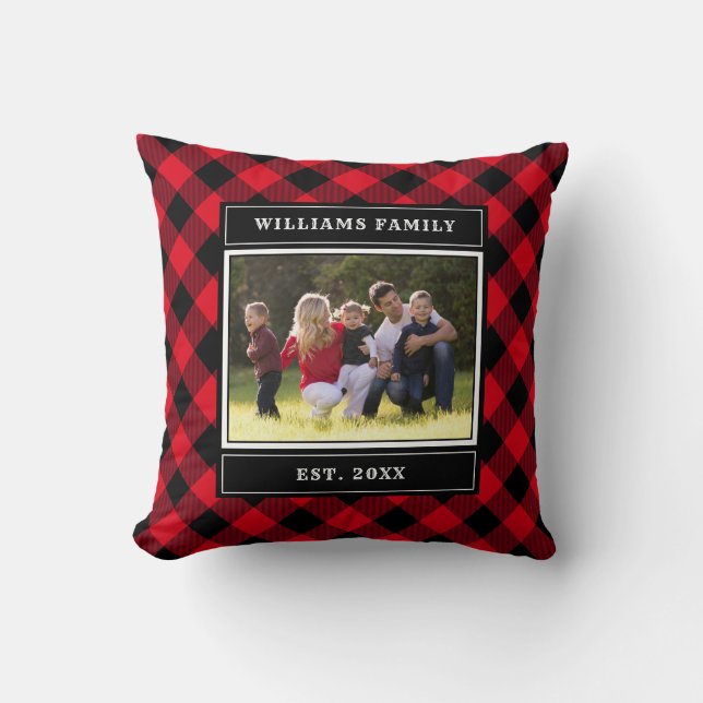 Rustic Red Buffalo Plaid Family Photo Add Name Throw Pillow (Front)