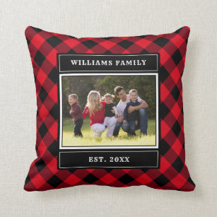 Rustic Red Buffalo Plaid Family Photo Add Name Throw Pillow