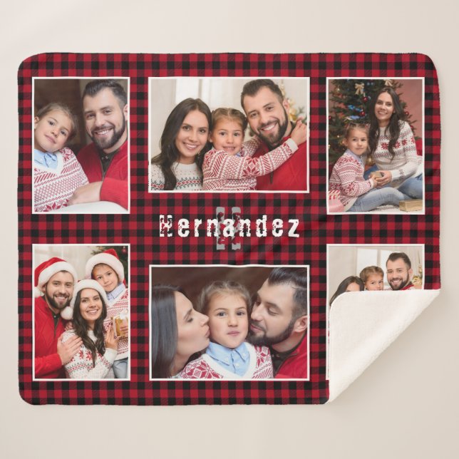 Rustic Red Buffalo Plaid Family Photo Collage Sherpa Blanket (Front (Horizontal))