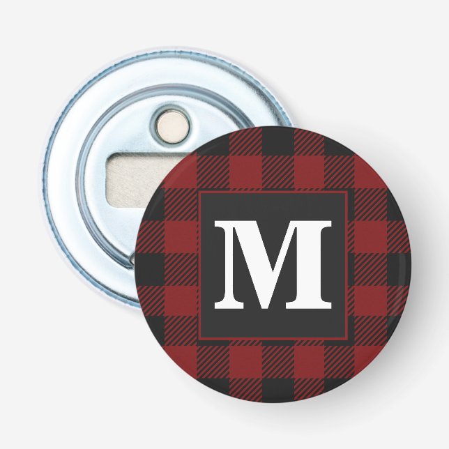 Rustic Red Buffalo Plaid Farmhouse Monogram Bottle Opener (Front)