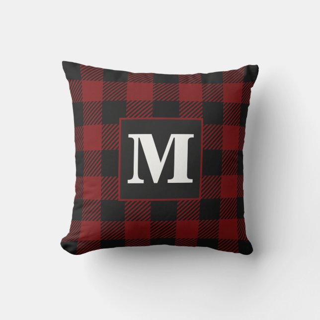 Rustic Red Buffalo Plaid Farmhouse Monogram Throw Pillow (Front)