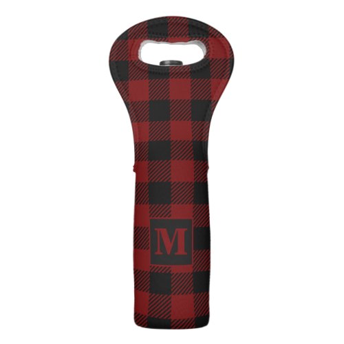 Rustic Red Buffalo Plaid Farmhouse Monogram Wine Bag