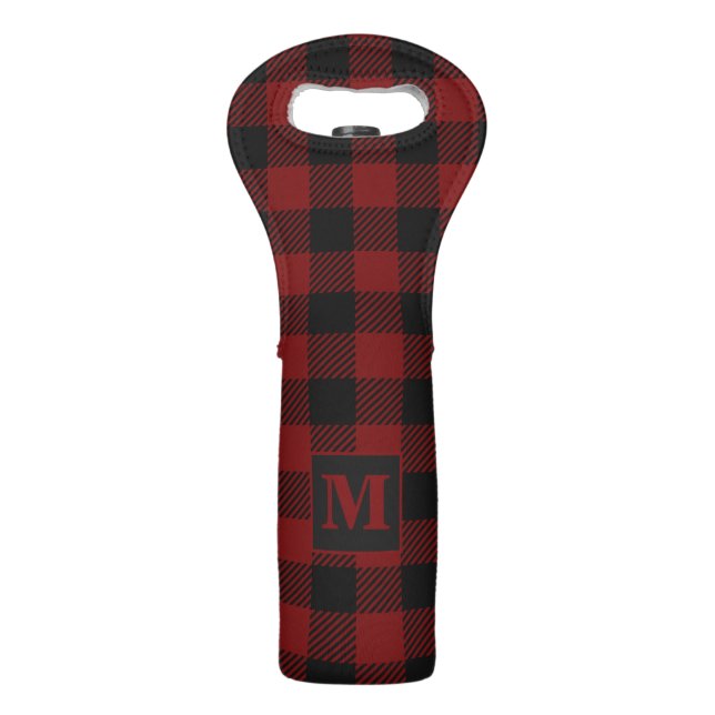 Rustic Red Buffalo Plaid Farmhouse Monogram Wine Bag (Front)