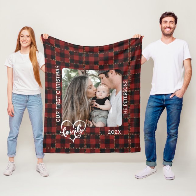 Rustic Red Buffalo Plaid First Christmas Family Fleece Blanket (In Situ)