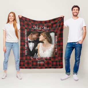 Rustic Red Buffalo Plaid First Christmas Married  Fleece Blanket