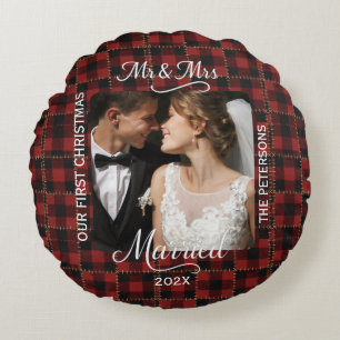 Rustic Red Buffalo Plaid First Christmas Married  Round Pillow