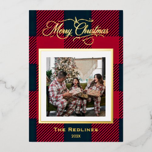 Rustic Red  Buffalo Plaid Foil Photo Family Holiday Card