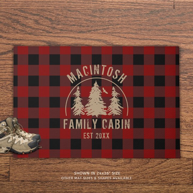 Rustic Red Buffalo Plaid Forest Woods Personalized Doormat (Creator Uploaded)