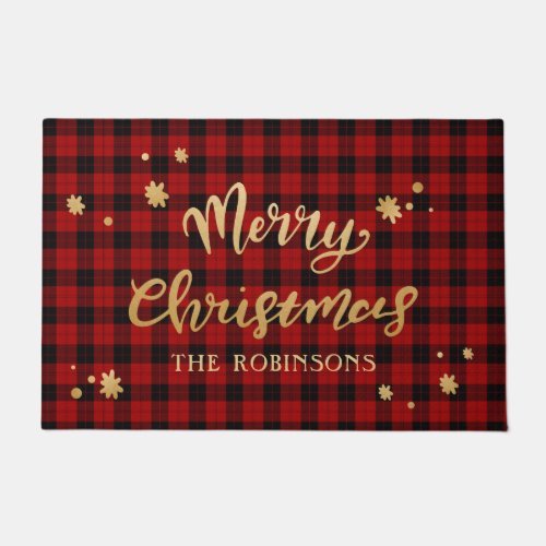 Rustic Red Buffalo Plaid Gold Merry Christmas Doormat