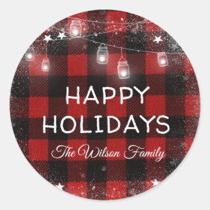 Rustic Red Buffalo Plaid Holiday String Lights Classic Round Sticker