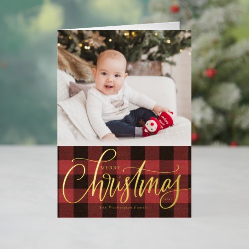 Rustic Red Buffalo Plaid Merry Christmas Photo Foil Holiday Card
