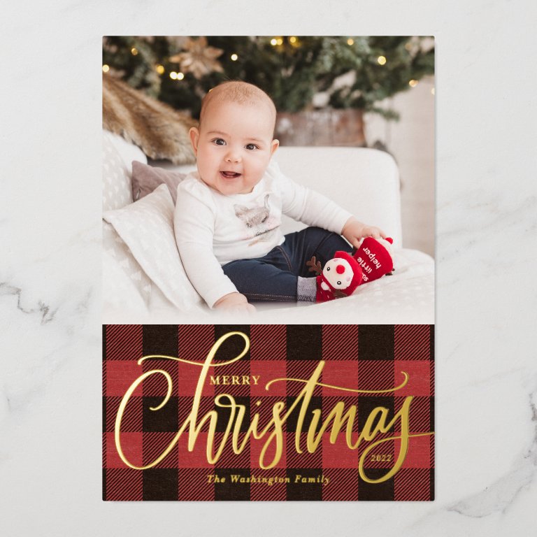 Rustic Red Buffalo Plaid Merry Christmas Photo Foil Holiday Card