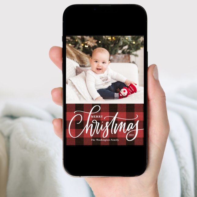 Rustic Red Buffalo Plaid Merry Christmas Photo Holiday Card (Front Digital)