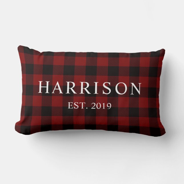 Rustic Red Buffalo Plaid Modern Names Established Lumbar Pillow (Front)