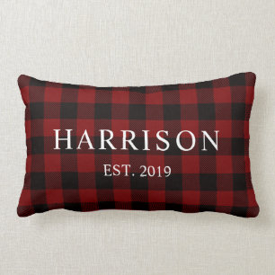 Rustic Red Buffalo Plaid Modern Names Established Lumbar Pillow