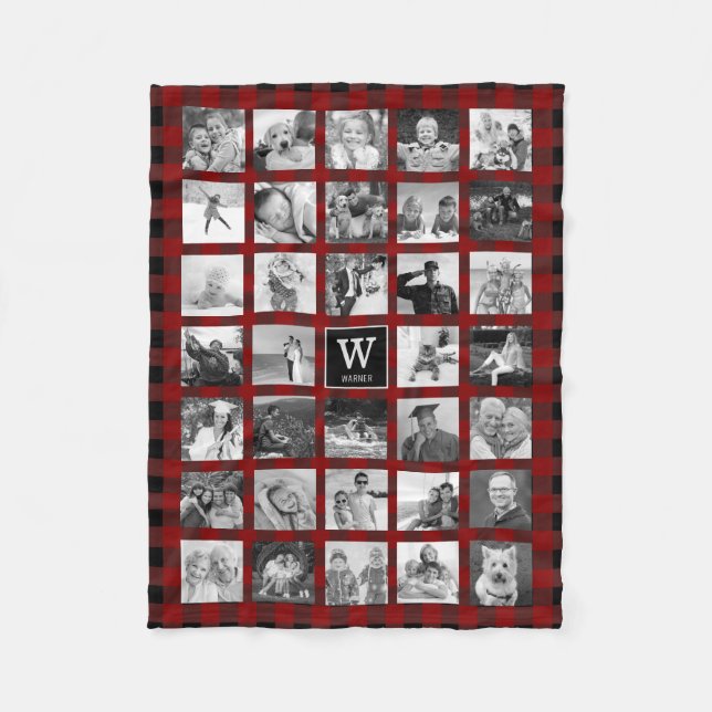 Rustic Red Buffalo Plaid Monogram Photo Collage Fleece Blanket (Front)