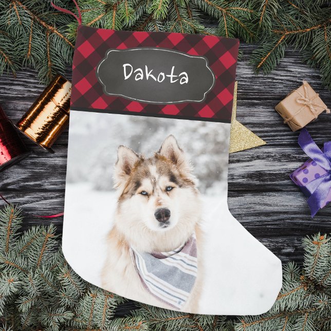 Rustic Red Buffalo Plaid Personalized Pet Photo Small Christmas Stocking (Creator Uploaded)