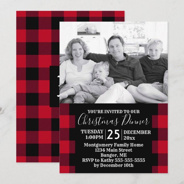 Rustic Red Buffalo Plaid Photo Christmas Dinner Invitation (Front/Back)
