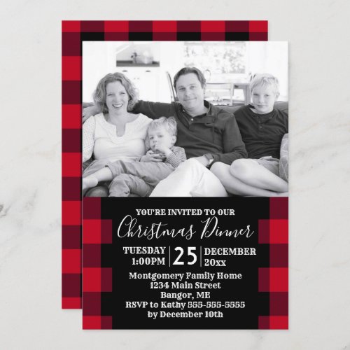 Rustic Red Buffalo Plaid Photo Christmas Dinner Invitation