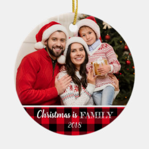 Rustic Red Buffalo Plaid Photo Christmas Family Ceramic Ornament
