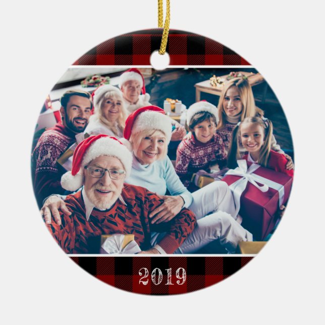 Rustic Red Buffalo Plaid Photo Christmas Family Ceramic Ornament (Front)