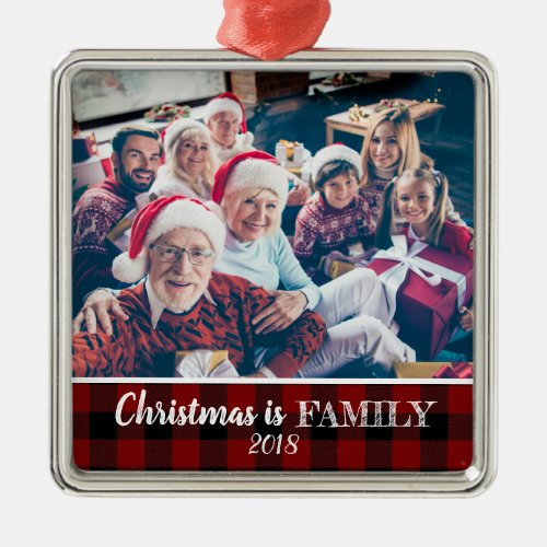 Rustic Red Buffalo Plaid Photo Christmas Family Metal Ornament