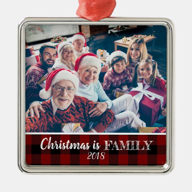 Rustic Red Buffalo Plaid Photo Christmas Family Metal Ornament (Front)