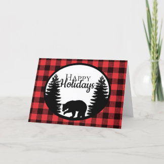 Rustic Red Buffalo Plaid Pines and Bear Holiday Card