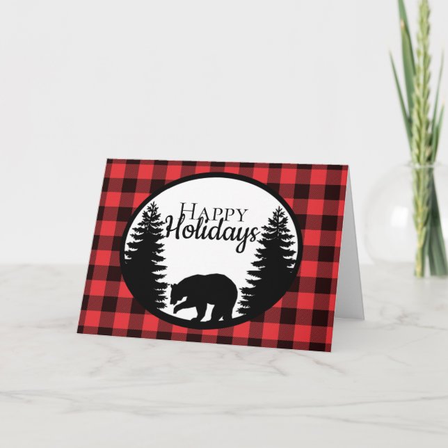 Rustic Red Buffalo Plaid Pines and Bear Holiday Card (Front)