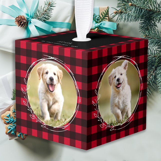 Rustic Red Buffalo Plaid Puppy Dog 4 Pet Photo  Cube Ornament (Creator Uploaded)