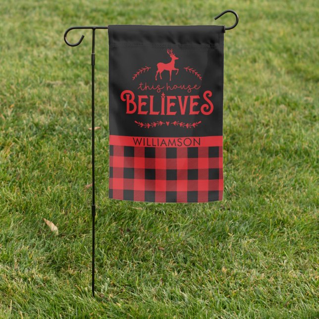 Rustic Red Buffalo Plaid Reindeer Family Name  Garden Flag (In SItu)