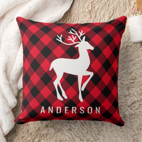 Rustic Red Buffalo Plaid Reindeer Monogram Throw Pillow