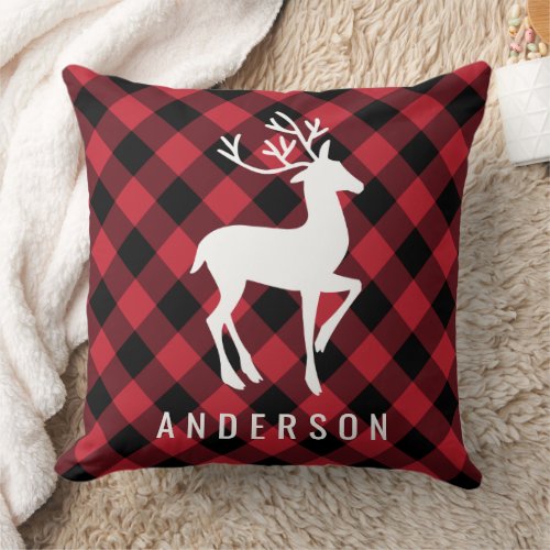 Rustic Red Buffalo Plaid Reindeer Monogram Throw Pillow