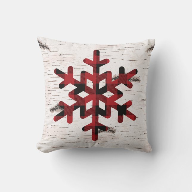Rustic Red Buffalo Plaid Snowflakes on Birch  Throw Pillow (Front)