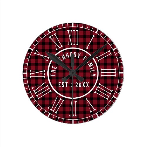 Rustic Red Buffalo Plaid White Roman Numerals Round Clock