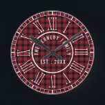 Rustic Red Buffalo Plaid White Roman Numerals Round Clock<br><div class="desc">Farmhouse wall clocks with white roman numerals on red buffalo plaid pattern for the festive Christmas decor.Personalize with family name and established year for an  unique holiday  clock.</div>