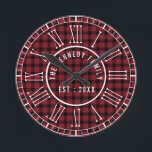 Rustic Red Buffalo Plaid White Roman Numerals Round Clock<br><div class="desc">Farmhouse wall clocks with white roman numerals on red buffalo plaid pattern for the festive Christmas decor.Personalize with family name and established year for an  unique holiday  clock.</div>