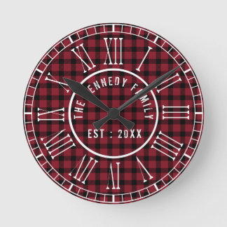 Rustic Red Buffalo Plaid White Roman Numerals Round Clock