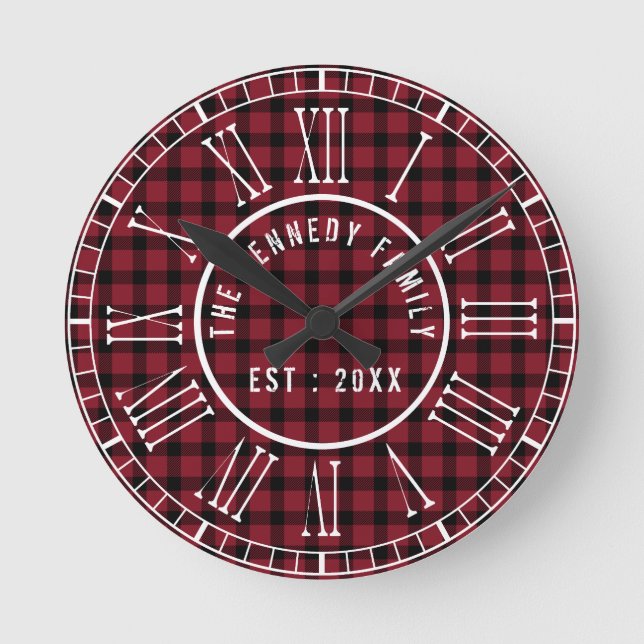 Rustic Red Buffalo Plaid White Roman Numerals Round Clock (Front)