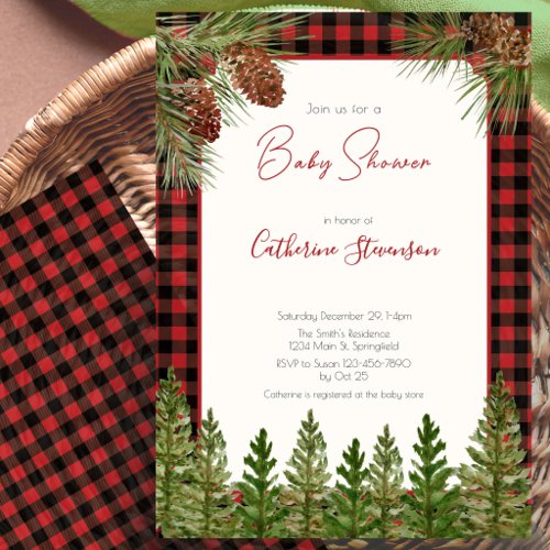 Rustic Red Buffalo Plaid Winter Baby Shower Invitation